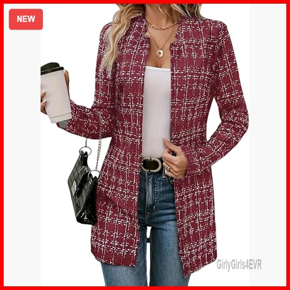 Slim Fit Plaid Tweed Blazer Open Front Cardigan Jacket Long Sleeve